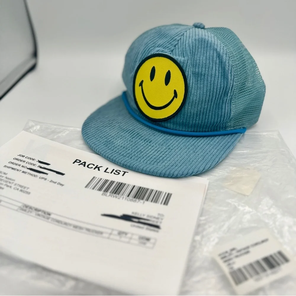Aviator Nation Blue Corduroy Trucker Hat with Yellow Smiley Patch